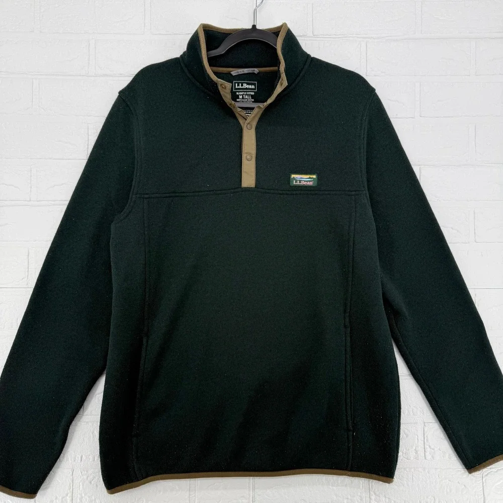 L.L. Bean Sweater Fleece Pullover Mens M Tall Green Snap Neck Mock Neck Gorpcore